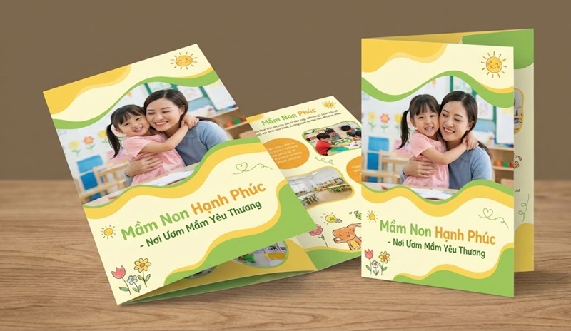 Mẫu thiết kế brochure trường mầm non phong cách vui tươi, thân thiện.