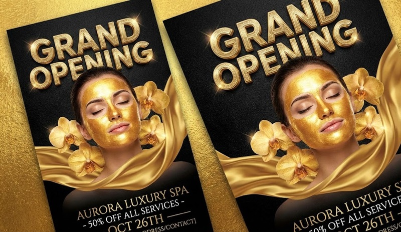 Mẫu tờ rơi khai trương thẩm mỹ viện sang trọng màu vàng đen.