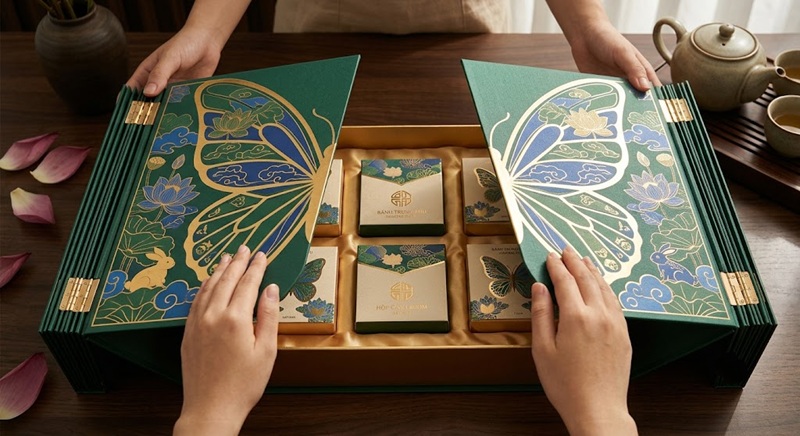 Thiết kế hộp bánh trung thu dạng cánh bướm mở hai bên độc đáo và tinh tế