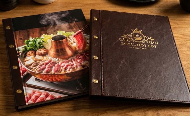 Mẫu menu bìa cứng và bìa da đóng gáy ốc đẹp.