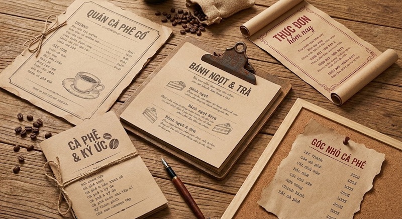Bộ sưu tập 5 mẫu menu in giấy Kraft màu nâu vàng tái chế, sử dụng font chữ máy đánh chữ và mực đơn sắc tạo cảm giác hoài cổ.