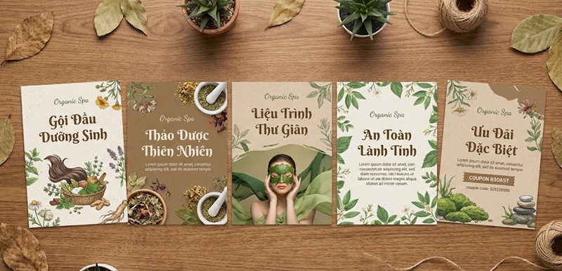 5 mẫu tờ rơi quảng cáo gội đầu dưỡng sinh thảo dược phong cách Organic, tông màu xanh lá cây và nâu đất gần gũi thiên nhiên.