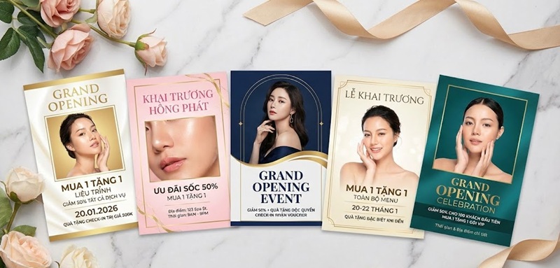 Tổng hợp mẫu tờ rơi khai trương spa (Grand Opening) in hình người mẫu da căng bóng cùng các ưu đãi giảm giá sốc thu hút khách hàng.