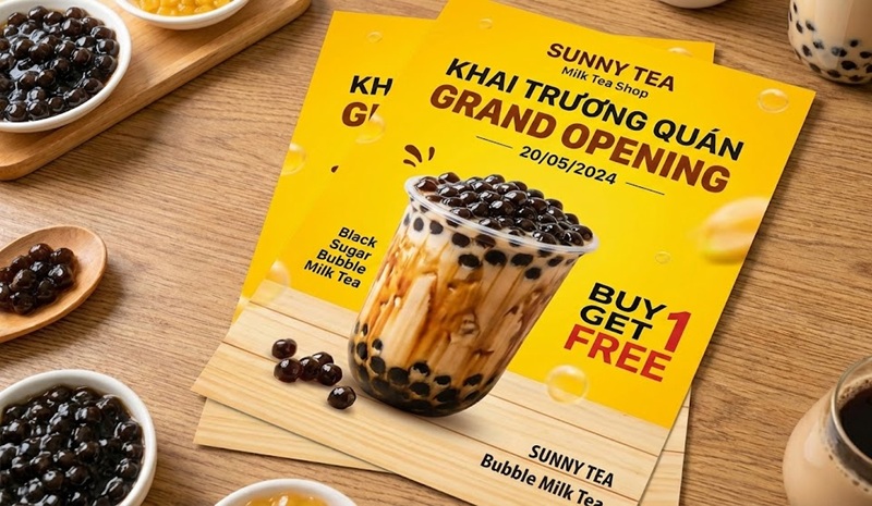 Mẫu tờ rơi khai trương quán trà sữa đẹp thu hút.