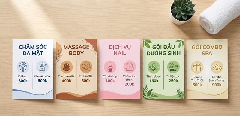 Mẫu tờ rơi dạng Menu bảng giá dịch vụ spa, bố cục chia cột rõ ràng, minh họa bằng icon nặn mụn và massage body dễ hiểu.