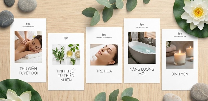 Bộ sưu tập 5 mẫu tờ rơi spa phong cách tối giản (Minimalist) tông màu trắng tinh tế, font chữ thanh mảnh tạo cảm giác thư thái nghỉ dưỡng.