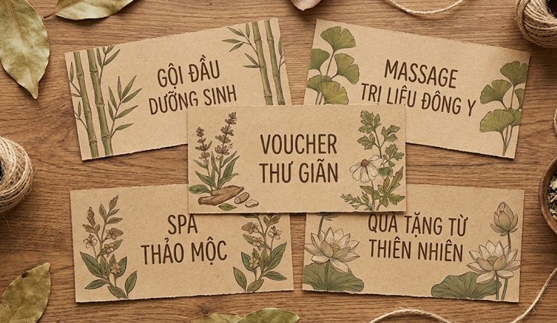 Bộ sưu tập voucher gội đầu dưỡng sinh phong cách thiên nhiên Botanic in trên giấy Kraft nâu mộc mạc và lành tính.