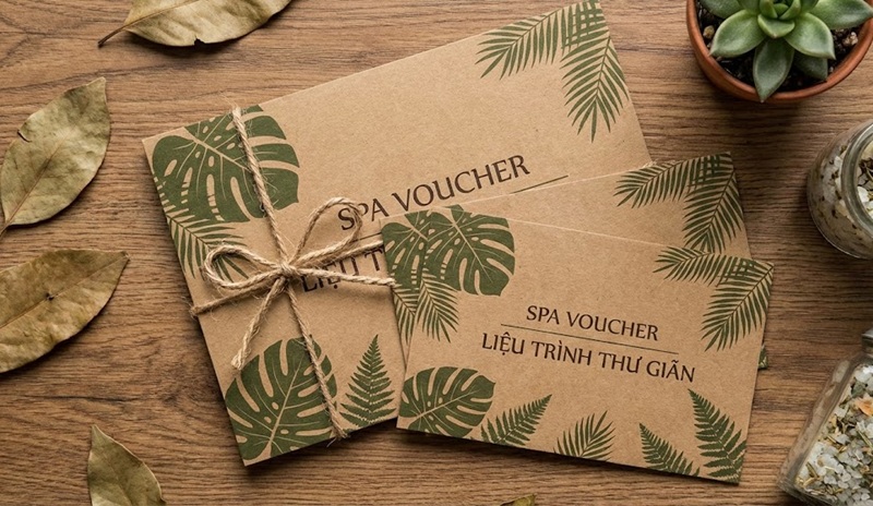 Mẫu phiếu quà tặng spa phong cách thiên nhiên in giấy Kraft.