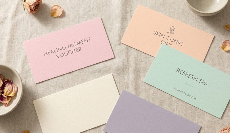 Tổng hợp 5 mẫu voucher spa phong cách Hàn Quốc màu pastel ngọt ngào, thiết kế tối giản tinh tế trên nền giấy mỹ thuật.