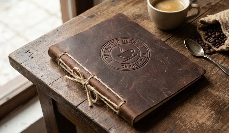 Cuốn menu bìa da màu nâu dập logo phong cách cổ điển.