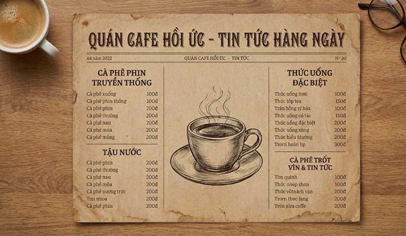 Mẫu thiết kế menu cafe giấy kraft phong cách báo cũ vintage.