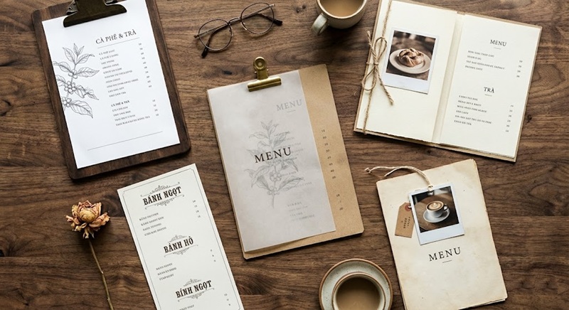 Tổng hợp mẫu menu vintage sử dụng kẹp gỗ clipboard, dây thừng và hình vẽ tay minh họa tinh tế, tạo điểm nhấn thị giác nghệ thuật.