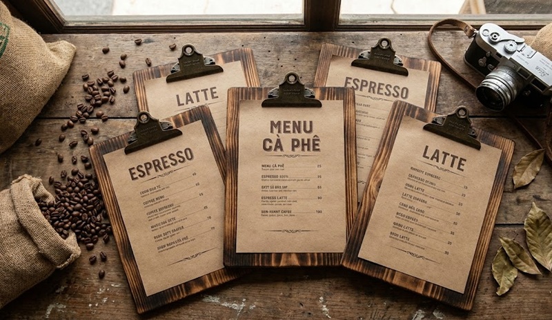 Menu dạng kẹp gỗ clipboard phong cách retro cho quán cafe.