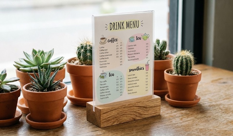 Menu mica đế gỗ để bàn cho quán cafe.