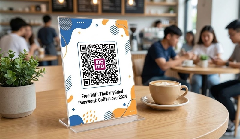 Menu mica để bàn tích hợp mã QR thanh toán và Wifi.