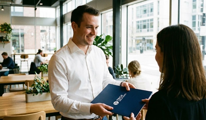 Nhân viên sales trao bộ folder tài liệu chuyên nghiệp cho khách hàng.