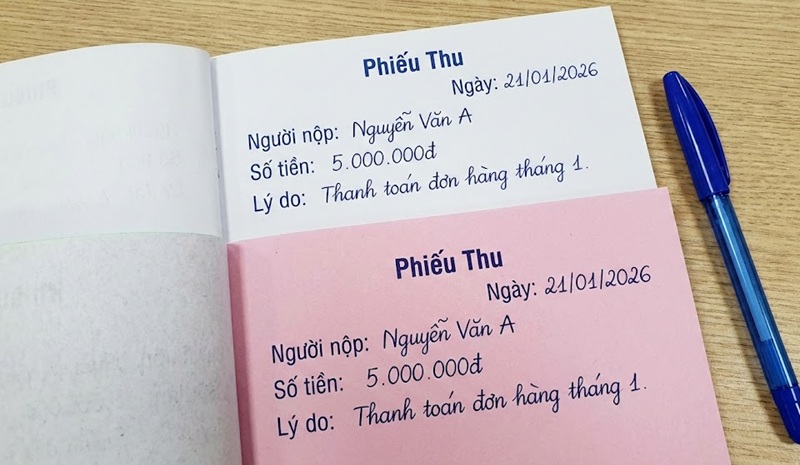 Cuốn phiếu thu chi giấy carbonless 2 liên trắng hồng.