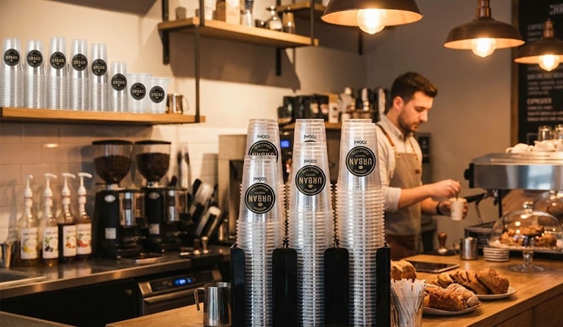 Ly nhựa dán sticker logo thương hiệu chuyên nghiệp.