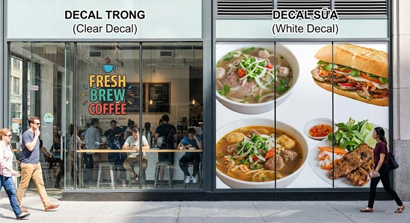 So sánh in decal trong và decal sữa dán kính.