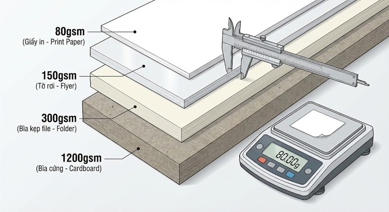So sánh định lượng giấy GSM từ mỏng đến dày.