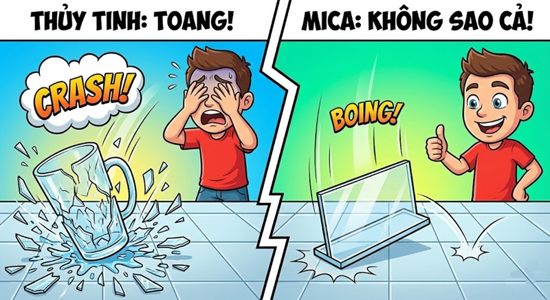 So sánh độ bền chịu lực của mica và kính thủy tinh.