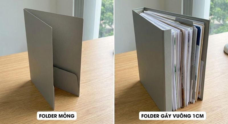 So sánh folder gáy gấp và folder gáy vuông đựng tài liệu.