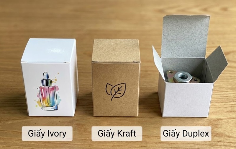 Các loại giấy in hộp giá rẻ phổ biến: Ivory, Kraft, Duplex.