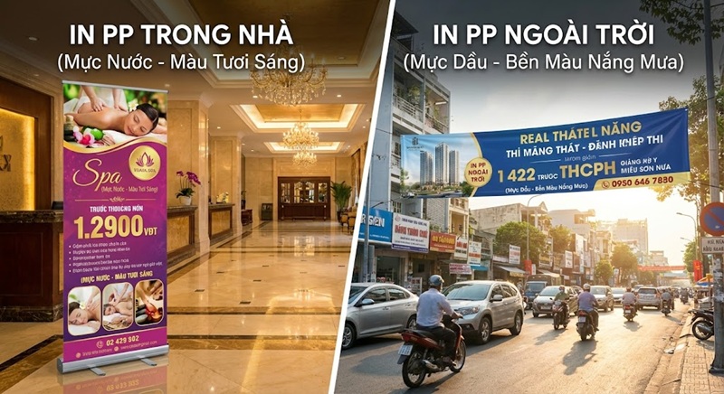 So sánh in PP trong nhà mực nước và PP ngoài trời mực dầu.