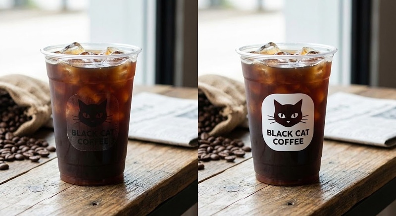 So sánh tem nhựa trong và nhựa sữa trên ly cafe đen.