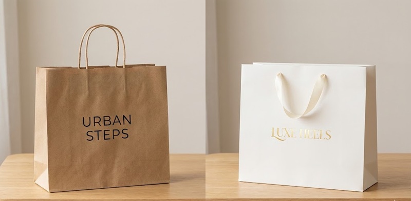 So sánh túi giấy đựng giày Kraft và túi Ivory cao cấp.