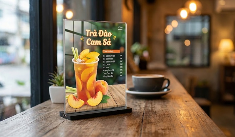 Standee mica để bàn A5 in menu quán cafe.