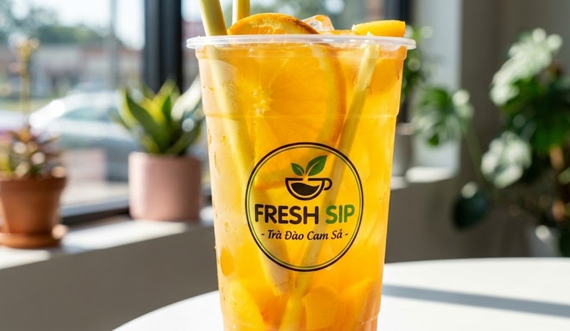 Tem decal nhựa trong dán ly trà trái cây đẹp.