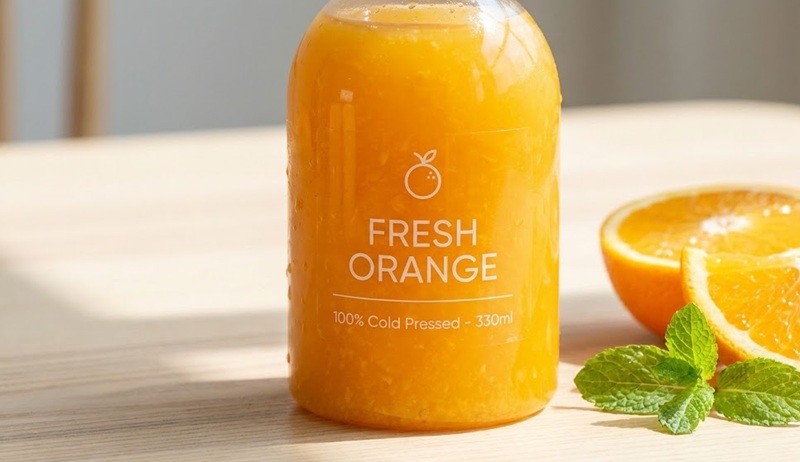 Mẫu tem dán chai nước ép bằng decal nhựa trong suốt hiện đại.