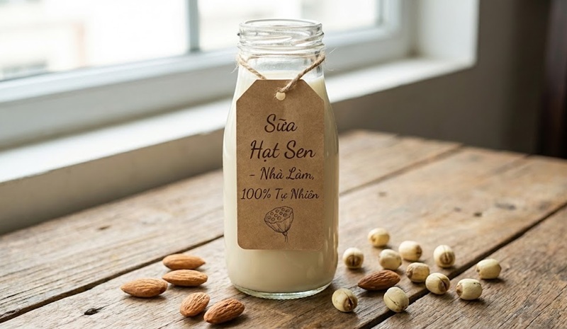 Mẫu tem giấy Kraft dán chai sữa hạt phong cách vintage mộc mạc.