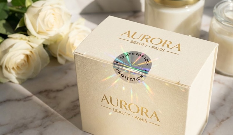 Tem niêm phong 7 màu hologram dán hộp mỹ phẩm.