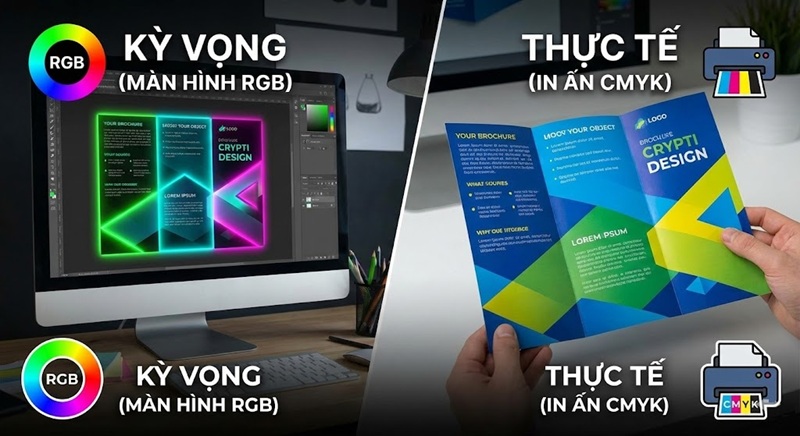 So sánh màu sắc thiết kế brochure trên máy tính và bản in thực tế.