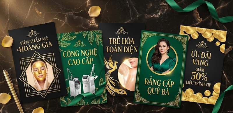 Các mẫu thiết kế flyer thẩm mỹ viện cao cấp màu đen và xanh rêu phối vàng kim (Luxury Gold) thể hiện sự quyền lực và đắt tiền.