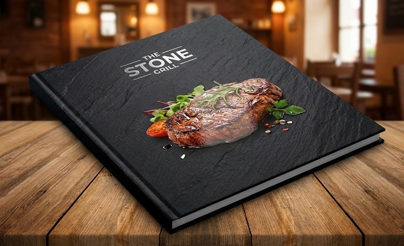 Mẫu menu bìa cứng in hình món ăn phủ UV định hình.