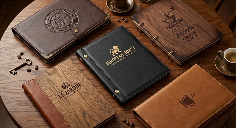 Các mẫu menu bìa da PU và bìa gỗ khắc laser cao cấp, logo ép kim sang trọng dành cho quán cafe phong cách Châu Âu.