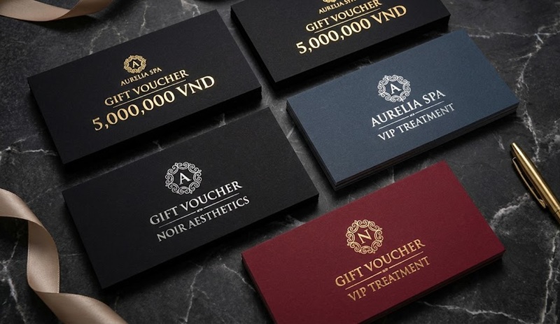 Các mẫu thiết kế voucher thẩm mỹ viện cao cấp nền đen ép kim vàng sang trọng, tạo hiệu ứng thị giác đẳng cấp.