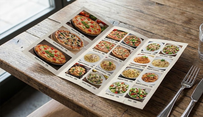 Mẫu tờ rơi A4 gấp 3 làm menu cho nhà hàng Pizza.