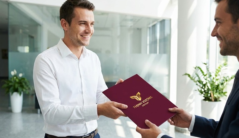 Trao bộ hồ sơ năng lực kẹp file chuyên nghiệp cho đối tác.