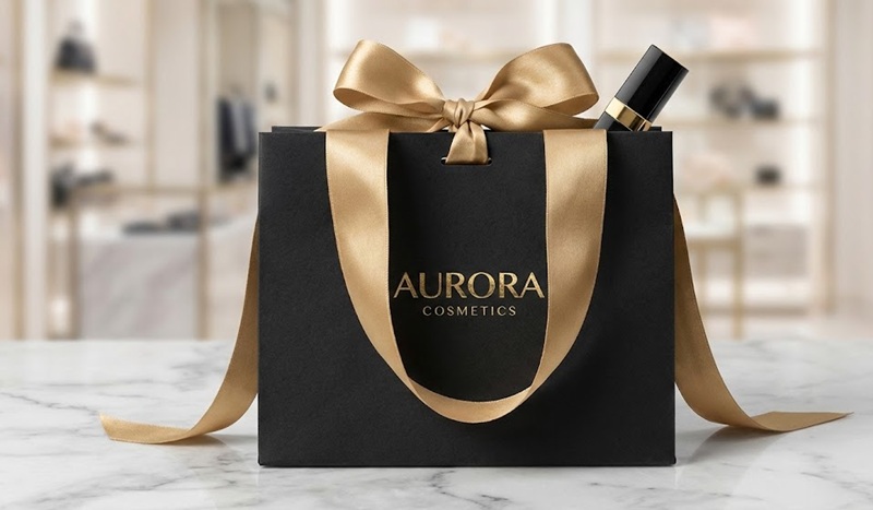 Túi giấy dây ruy băng lụa sang trọng cho mỹ phẩm.