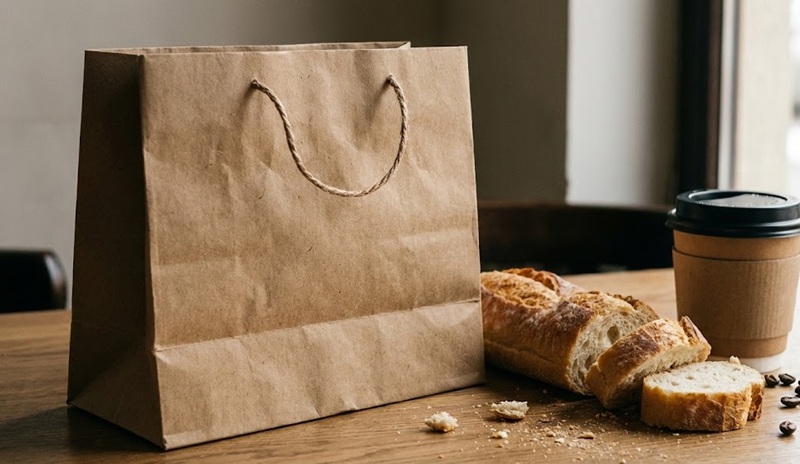 Túi giấy kraft nâu đựng thực phẩm và thời trang vintage.