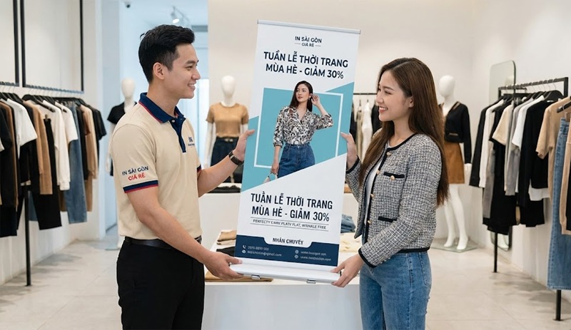 Bàn giao standee cuốn nhôm in ấn sắc nét cho khách hàng tại TPHCM.