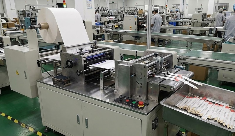 Dây chuyền máy sản xuất và in bao đũa tự động tốc độ cao tại xưởng.