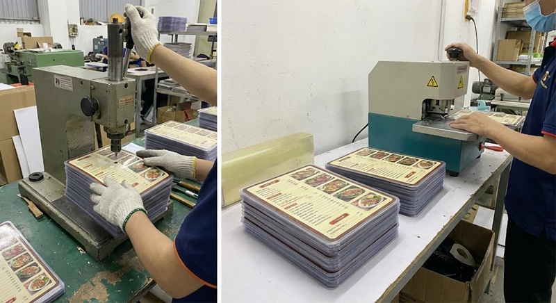 Xưởng gia công cắt bo góc bo viền menu ép plastic an toàn.