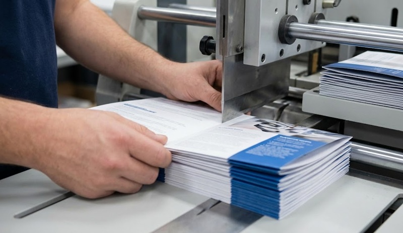 Gia công cấn gân giấy in brochure dày để chống gãy mép gấp.