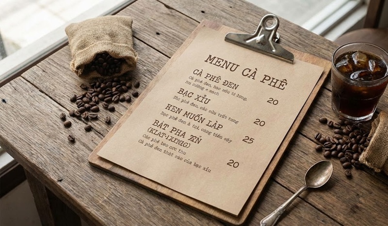 Mẫu in menu giấy kraft phong cách vintage cho quán cafe.