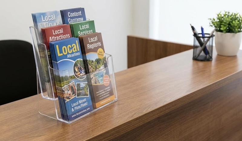 Kệ mica chữ L để bàn đựng tờ rơi quảng cáo sắc nét.